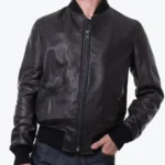 Men’s Lightweight Black Leather Bomber Jacket Front - Rare Jackets