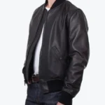 Men’s Lightweight Black Leather Bomber Jacket Side