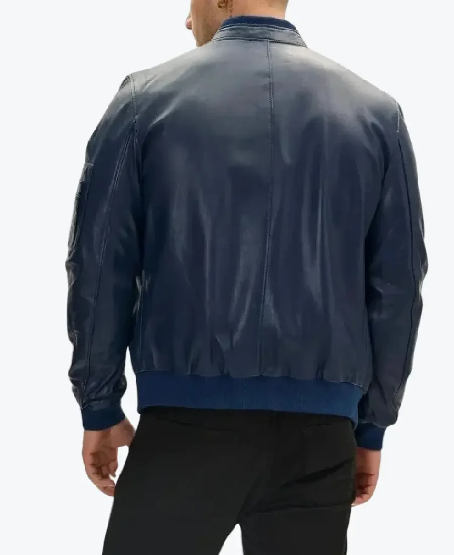 Men’s Navy Blue Real Leather Bomber Jacket Back - Rare Jackets