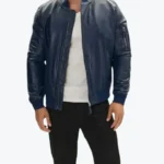 Men’s Navy Blue Real Leather Bomber Jacket Front - Rare Jackets