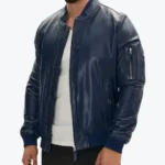 Men’s Navy Blue Real Leather Bomber Jacket Side - Rare Jackets