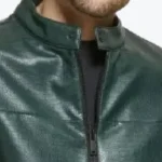 Mens Quilted Croco Green Cafe Racer Leather Jacket Collar Rare Jacket