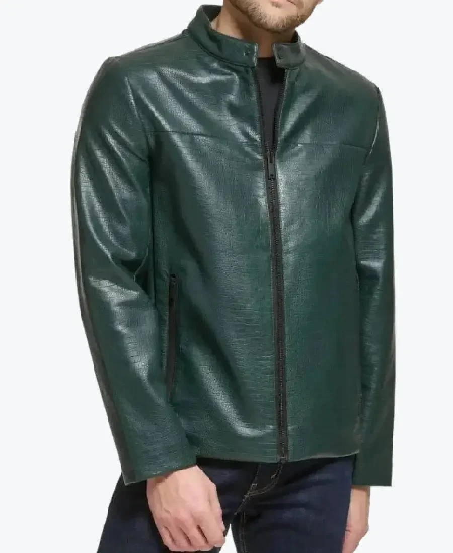 Mens Quilted Croco Green Cafe Racer Leather Jackets Rare Jacket