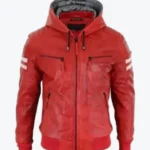 Mens Red Bomber Hooded Leather Jackets