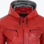 Mens Red Bomber Hooded Leather Jackets Collar