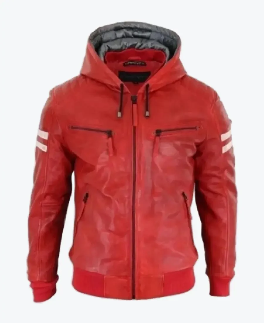 Mens Red Bomber Hooded Leather Jackets