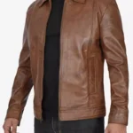 Reeves Mens Shirt Collar Chocolate Brown Leather Jacket - Image 2
