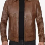 Reeves Mens Shirt Collar Chocolate Brown Leather Jacket