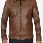 Reeves Mens Shirt Collar Chocolate Brown Leather Jacket - Image 4