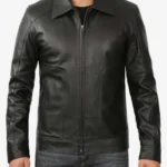 Mens Shirt Collar Classic Black Leather Jacket - Image 2