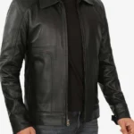Mens Shirt Collar Classic Black Leather Jacket - Image 3