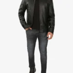Mens Shirt Collar Classic Black Leather Jacket - Image 4