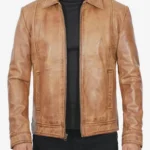 Men’s Shirt Collar Camel Waxed Leather Jacket