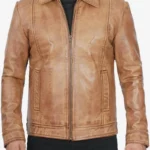 Men’s Shirt Collar Camel Waxed Leather Jacket - Image 2