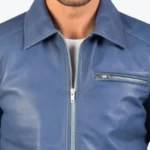 Mens Simple Blue Leather Jacket Collar Rare Jacket