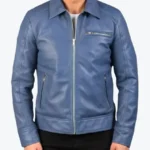 Mens Simple Blue Leather Jackets Rare Jacket