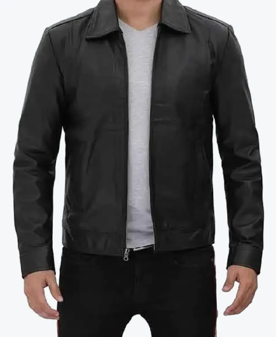 Men’s Vintage Burr Black Shirt Collar Leather Jacket