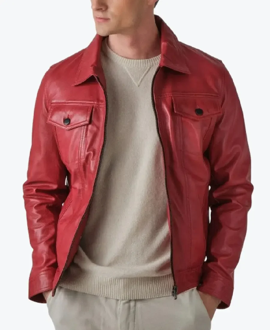 Mens Vintage Red Trucker Leather Jackets Rare Jacket