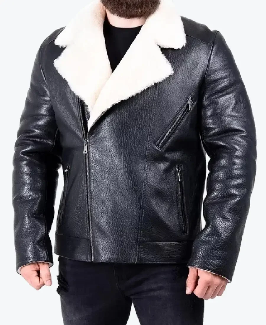 Men’s White Faux Fur Black Leather Jacket Rare Jacket