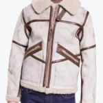 Mens White Waxed Leather Aviator Jacket