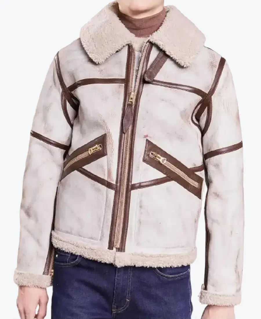 Mens White Waxed Leather Aviator Jacket