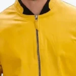 Mens Yellow Lambskin Leather Bomber Jacket Collar Rare Jacket