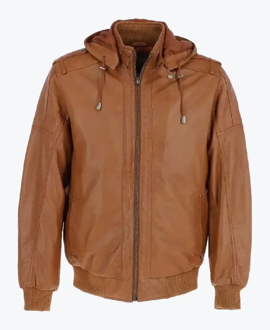 Michael Mens Tan Bomber Hooded Leather Jackets Rare Jacket
