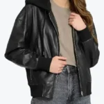 Shop The Women’s Black Hooded Leather Bomber Jacket - Rare Jackets
