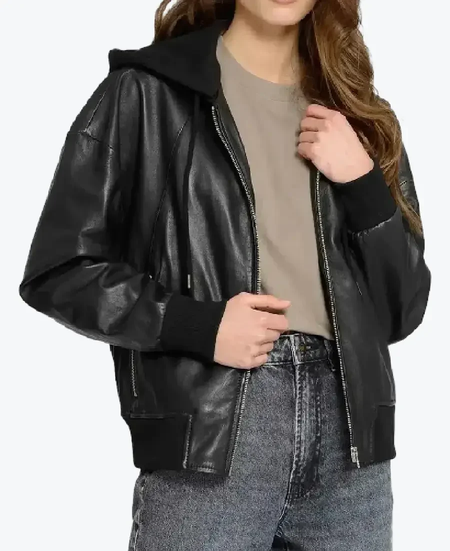 Shop The Women’s Black Hooded Leather Bomber Jacket - Rare Jackets