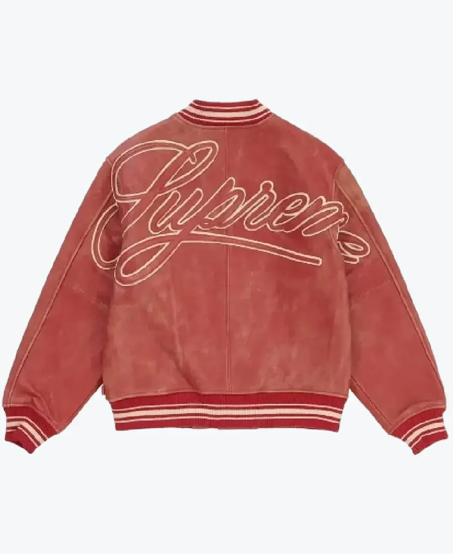 Supreme Worn Leather Red Varsity Jacket Back - Rare Jackets