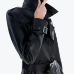 Women Black Spring Belted Leather Trench Coat Side - Rare Jackets