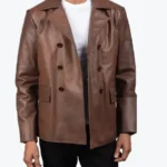 Men Bailey Brown Leather Peacoat Front - Rare Jackets