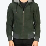 Nintenzo Green Hooded Suede Bomber Jacket Front - Rare Jackets