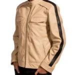 Men's Black Stripe Beige Leather Jacket Front - Rare Jackets