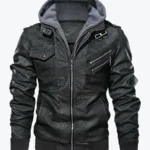 Quint Men’s Black Hooded Bomber Leather Jacket