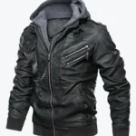 Quint Men’s Black Hooded Bomber Leather Jacket Front
