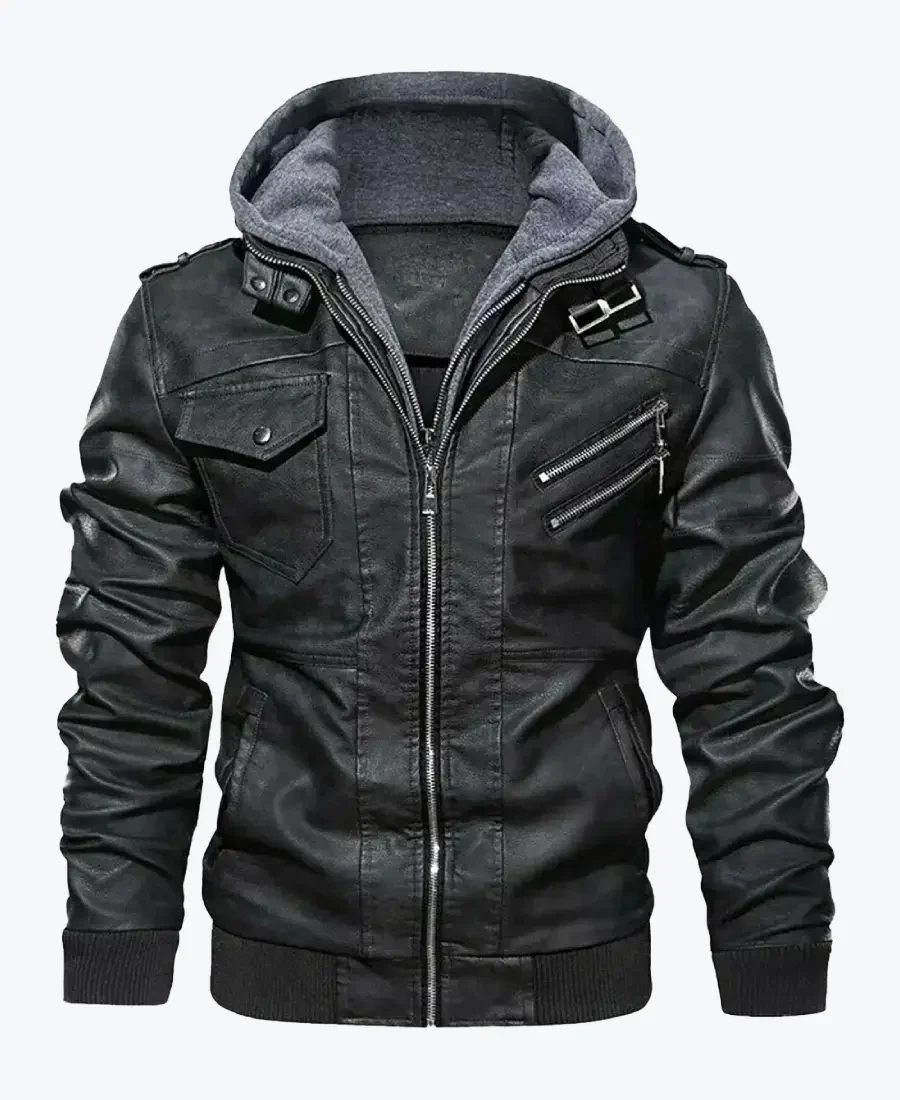 Quint Men’s Black Hooded Bomber Leather Jacket