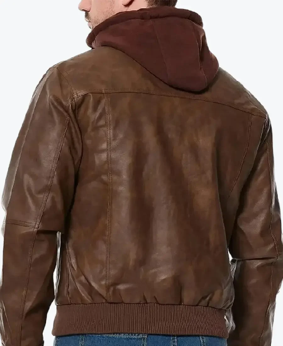 Rommy Brown Hooded Leather Bomber Jacket Back
