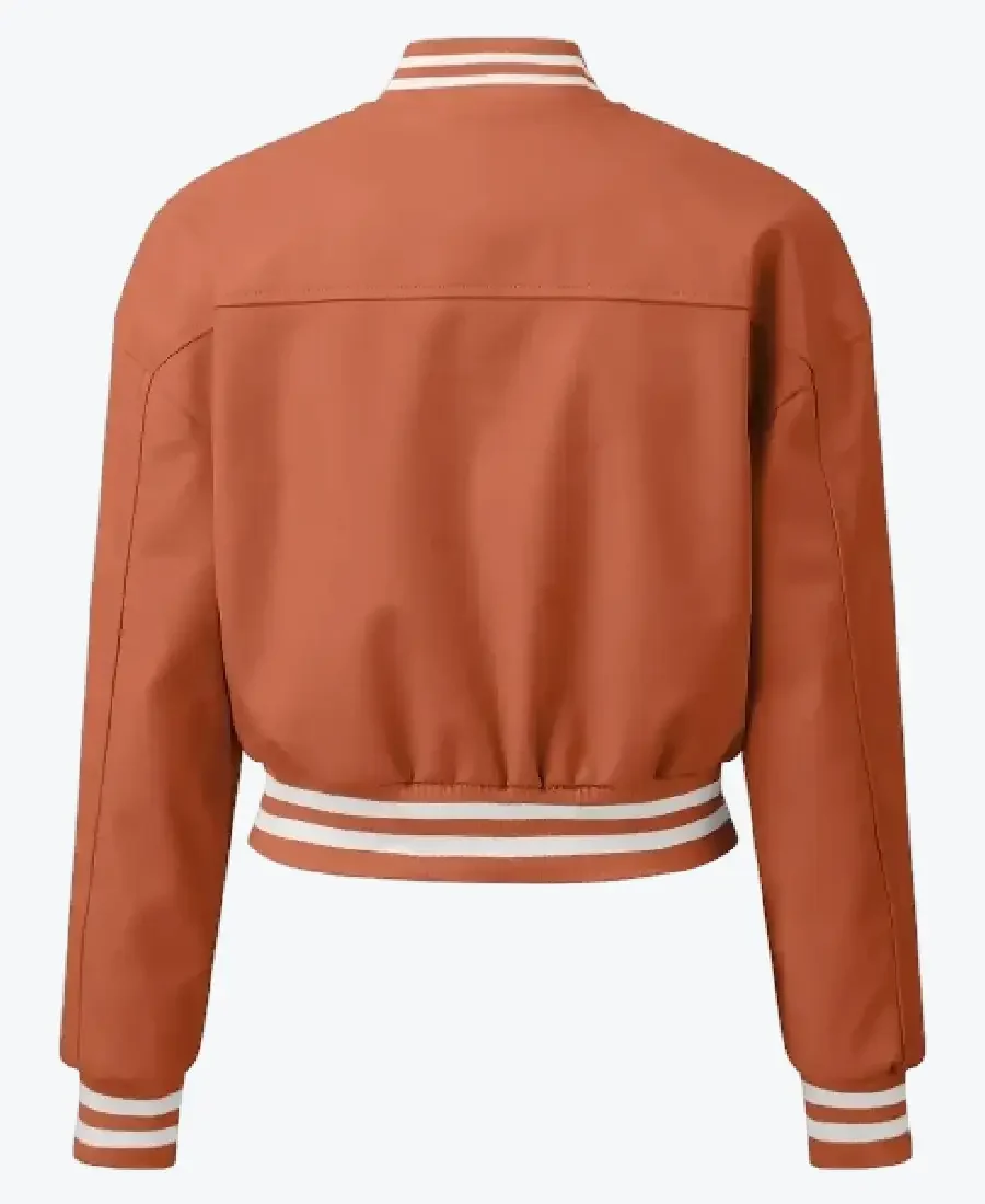 Sara Women’s Orange Leather Varsity Jacket Back - Rare Jackets