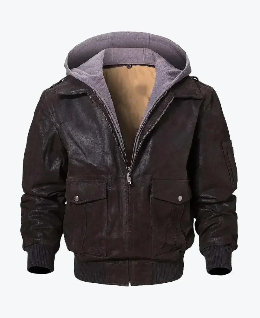Shop The Andrew Mens Dark Brown Bomber Hooded Leather Jacket - Rare Jackets