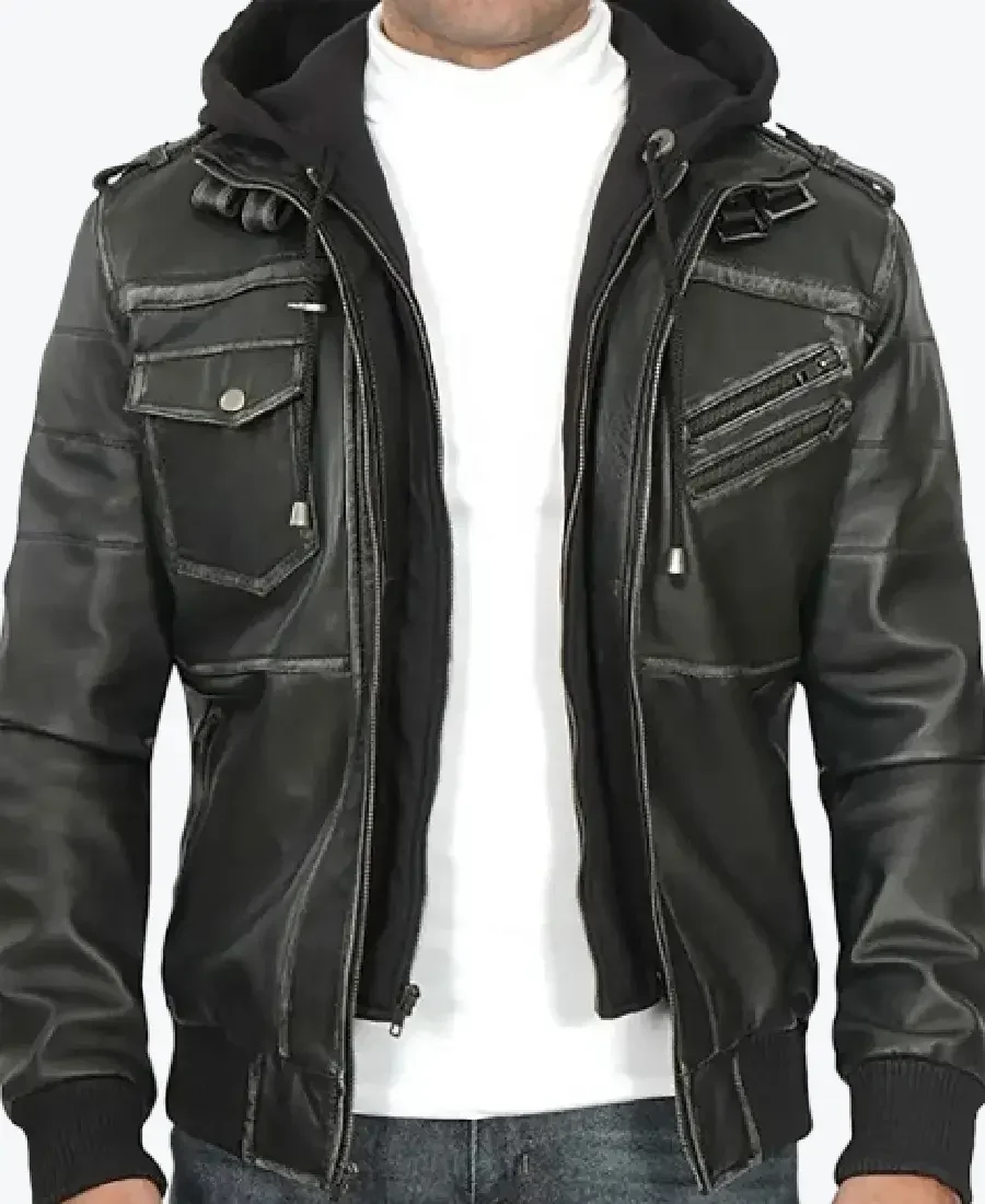 Shop The Banson Men’s Black Hooded Bomber Leather Jacket - Rare Jackets