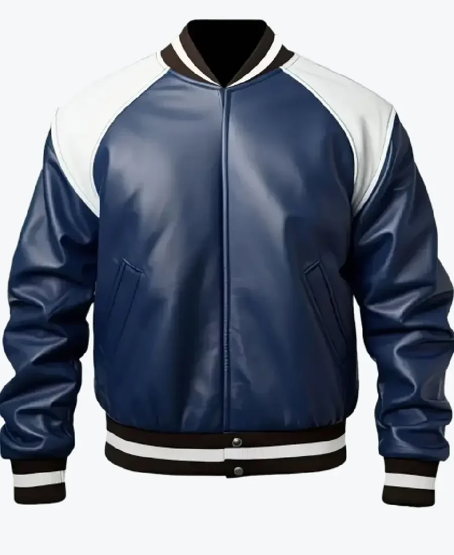 Shop The Blue White Men’s Genuine Leather Bomber Jacket - Rare Jackets