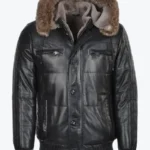 Shop The Carter Mens Black Bomber Fur Hooded Leather Jacket - Rare Jackets