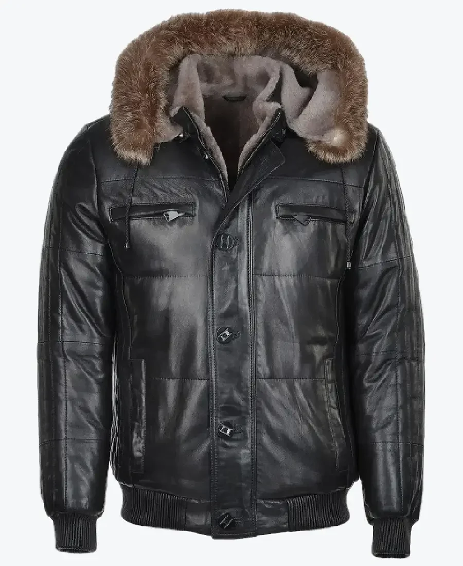 Shop The Carter Mens Black Bomber Fur Hooded Leather Jacket - Rare Jackets