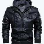 Shop The Chris Men’s Black Hooded Bomber Leather Jacket - Rare Jackets