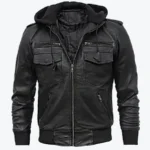 Craig Men’s Black Hooded Bomber Leather Jacket Back - Rare Jackets