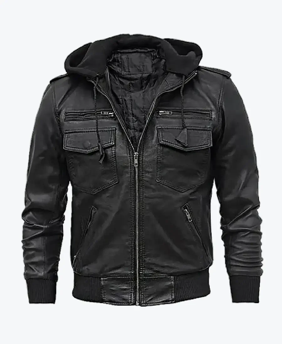 Craig Men’s Black Hooded Bomber Leather Jacket Back - Rare Jackets