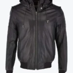 Shop The Eddison Mens Black Bomber Hooded Leather Jacke - Rare Jacketst