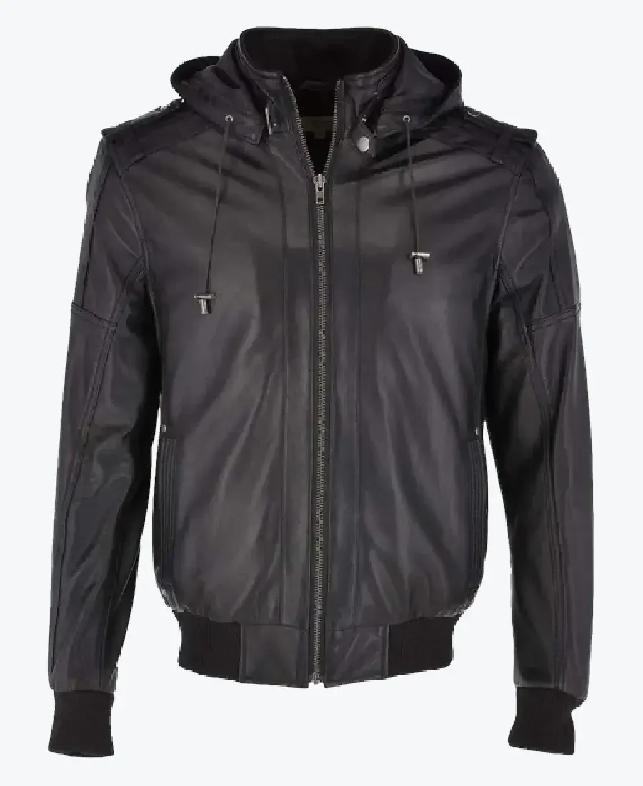 Shop The Eddison Mens Black Bomber Hooded Leather Jacke - Rare Jacketst