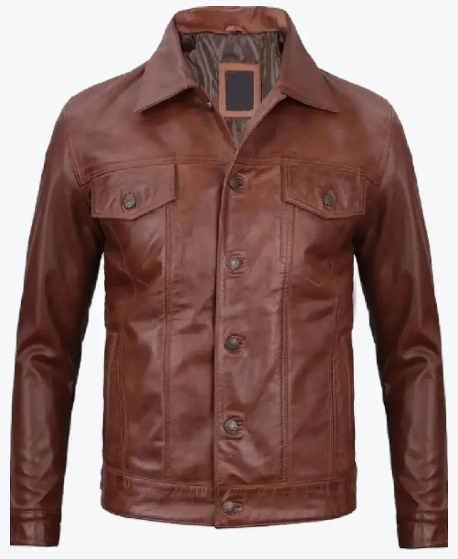 Shop The Fernando Men’s Harrington Brown Leather Trucker Jacket - Rare Jackets